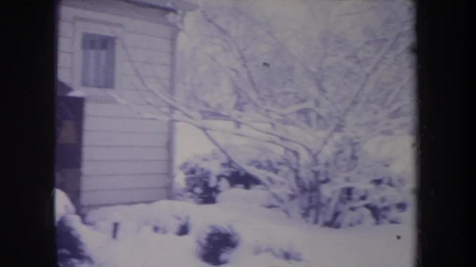 1968 Michigan frame showing part of a small house behind snow-covered shrubs and leafless branches.