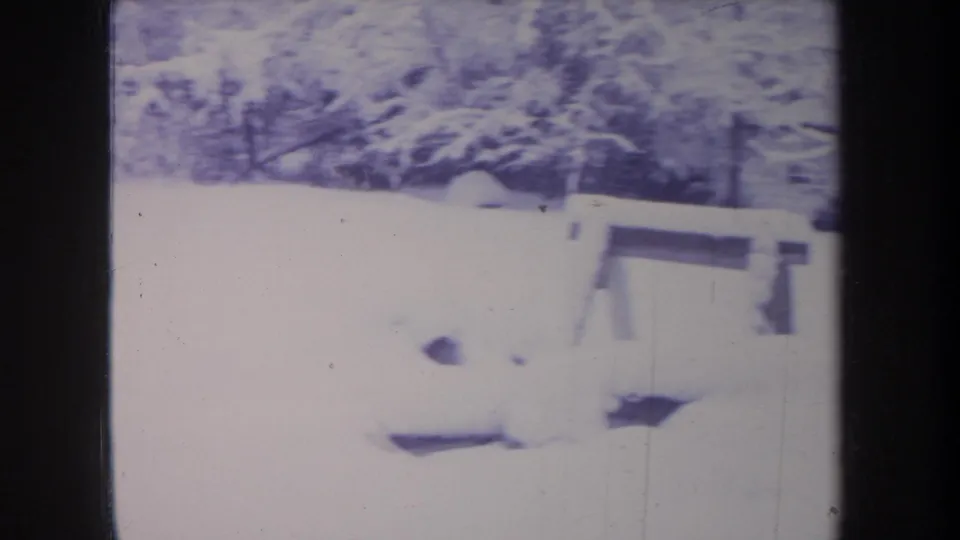 1968 Michigan 8mm frame showing the snowy yard, wooden bench, trees, fence line, and dark dog shapes or tracks in the foreground snow.