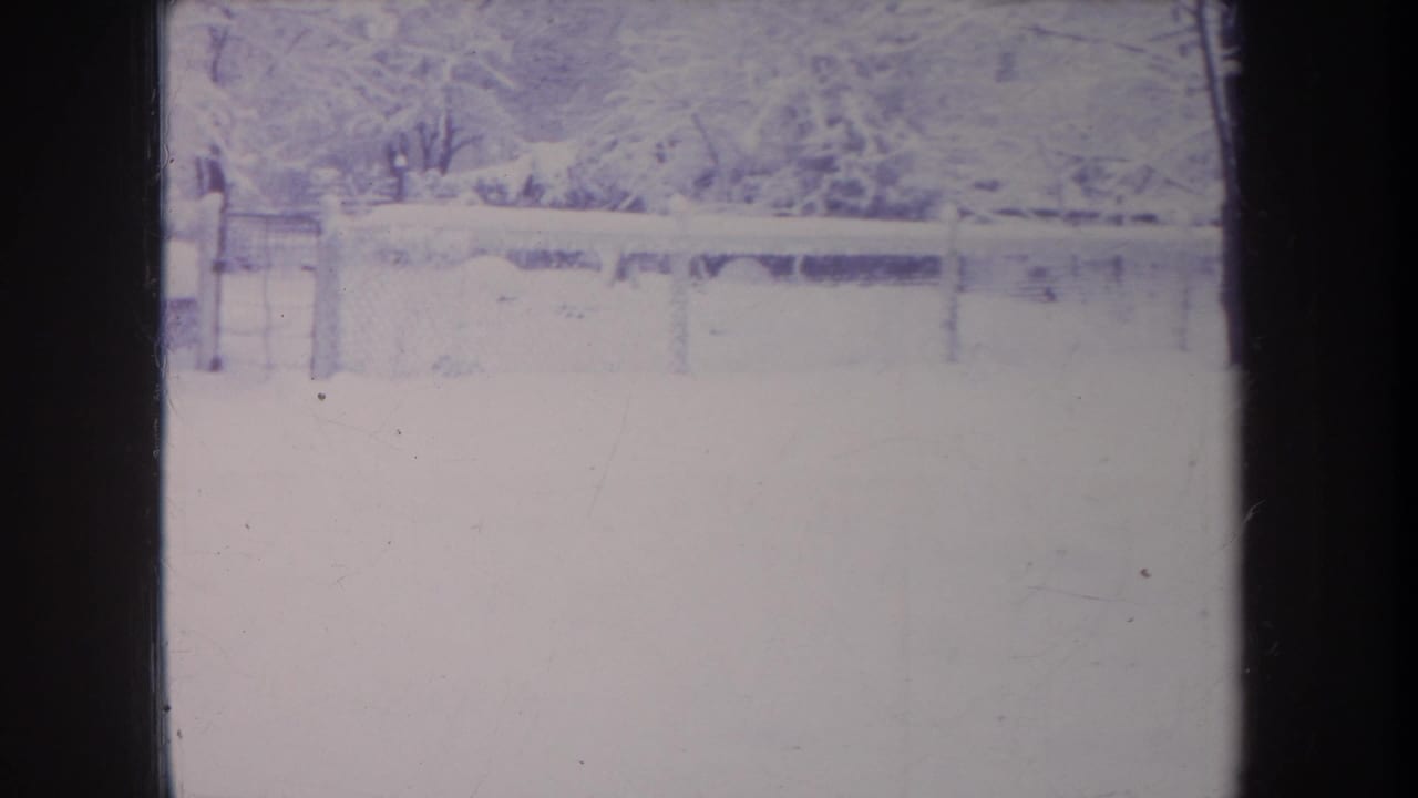 1968 Michigan winter yard view with a chain-link fence, gate area, snow cover, and bare trees beyond.