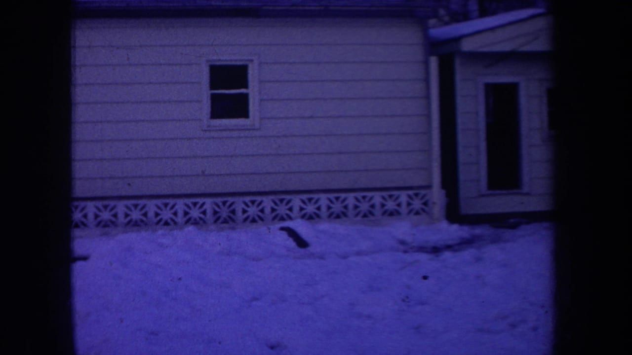 Light-colored house beside a snow-covered yard in blue night exposure.