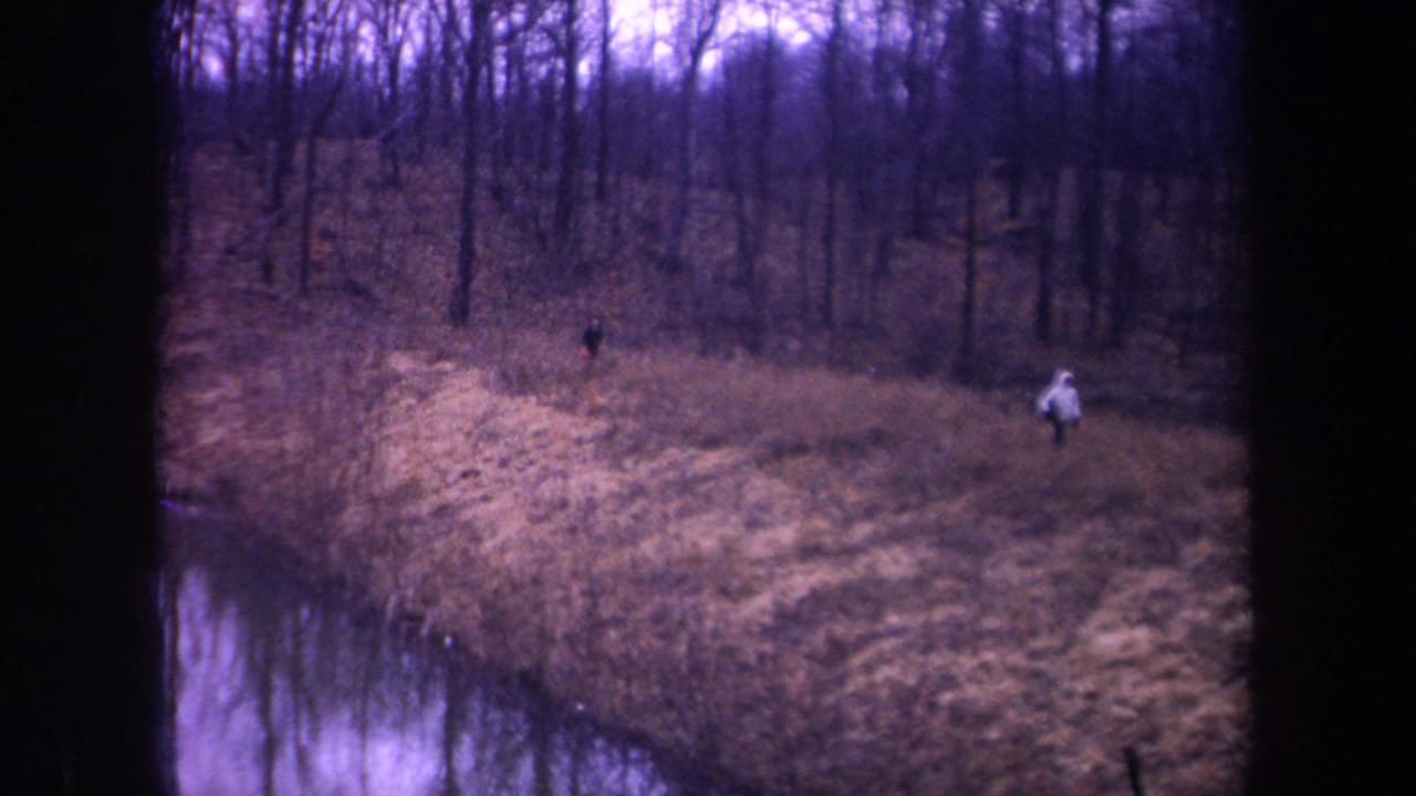 1968 Michigan home-movie frame with two distant walkers on a grassy dike road beside a calm waterway and bare trees.