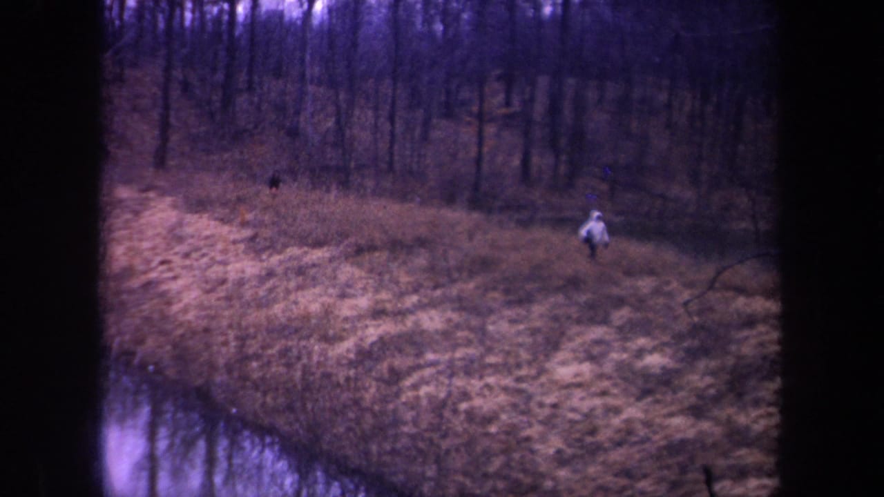 In this 1968 Michigan frame, a light-colored jacketed person and darker figure walk across a grassy dike near a wooded waterway.