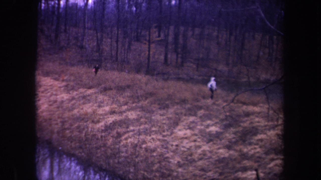 1968 Michigan home-movie still showing two distant walkers spread across dry grass beside water, with leafless woods behind them.