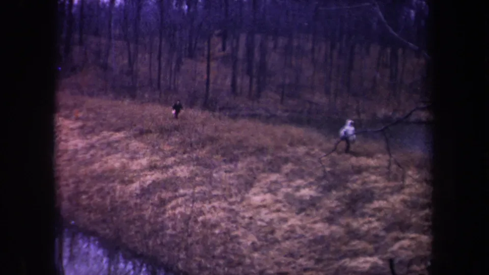 Late-1960s Michigan frame with two distant people walking along a grassy dike road near calm water and bare trees.