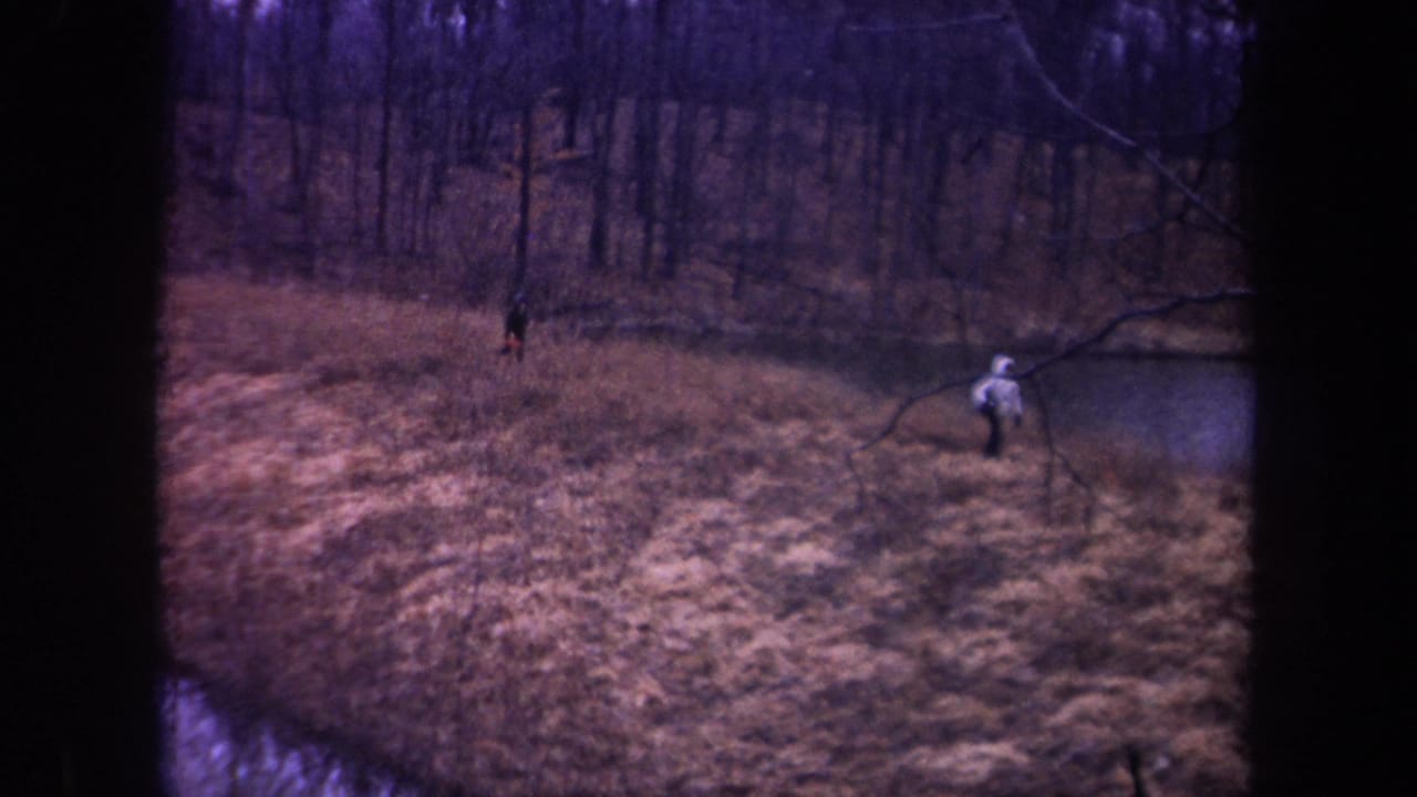 1968 Michigan home-movie frame with two distant walkers crossing dry grass near a small pond in leafless woodland.