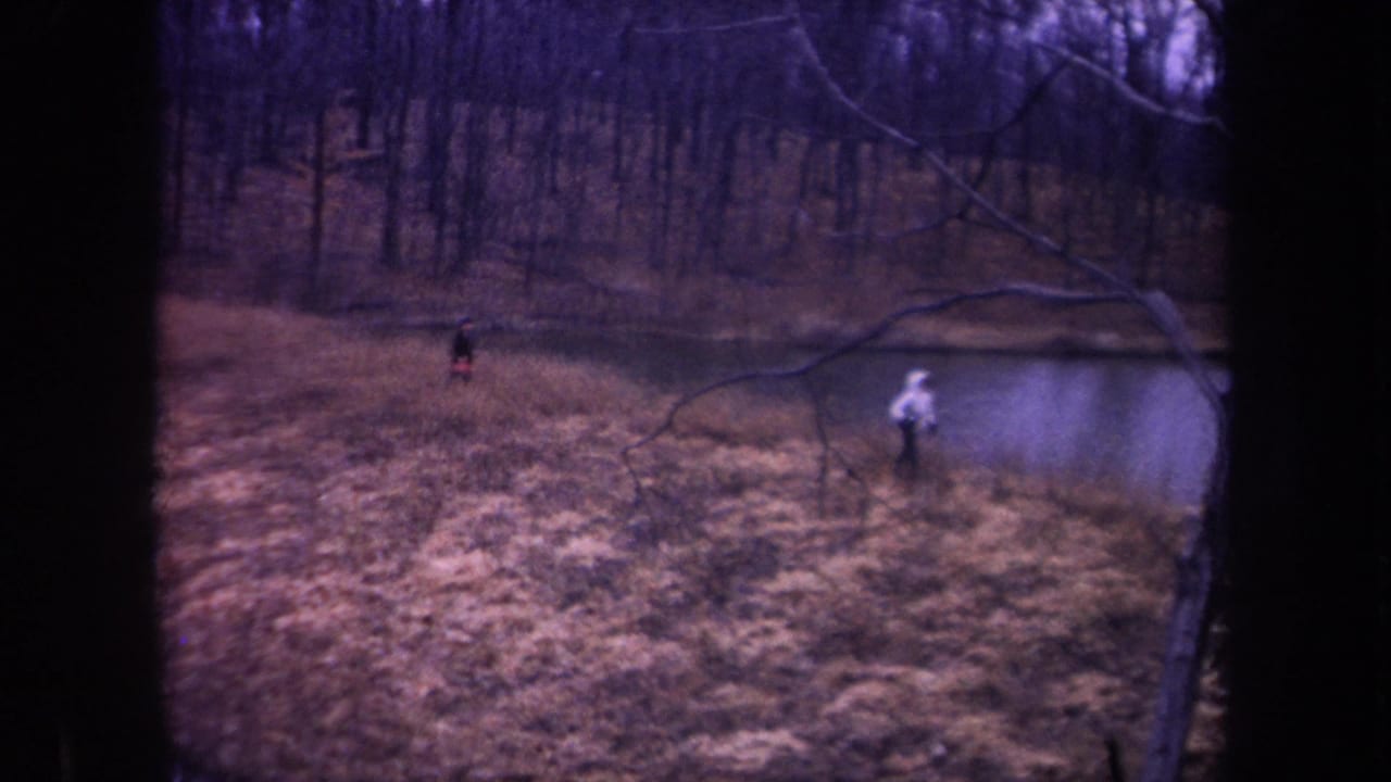 Two people spread apart near a pond at the edge of leafless woods.