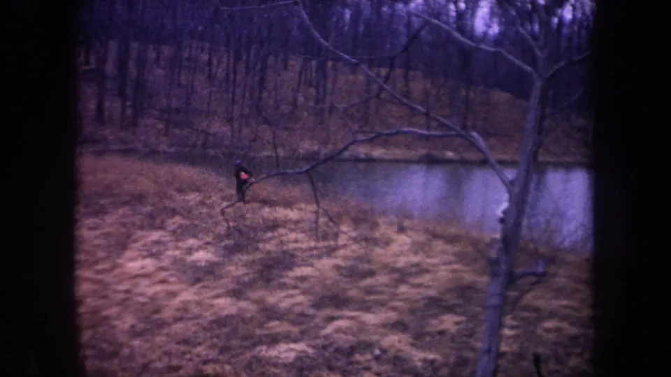 Near the end of the 1968 Michigan clip, a dark-clothed walker stands near the pond while another figure is partly visible at right.