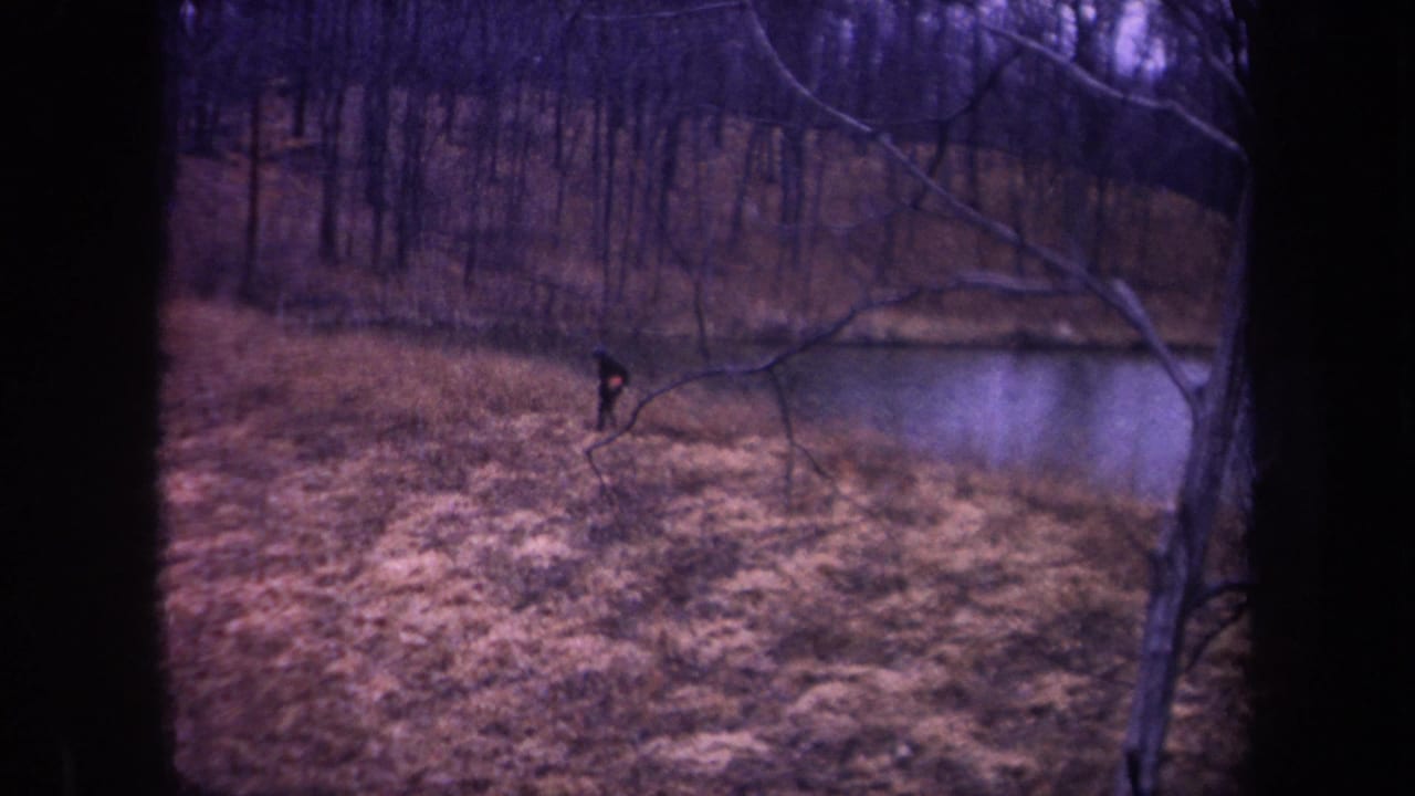 1968 Michigan 8mm frame showing a distant person in dark clothing walking through dry grass beside a small pond and wooded bank.