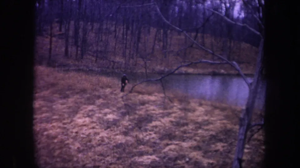 A dark-clothed figure walks through pale dry grass in rural Michigan, with pond water and leafless trees nearby.