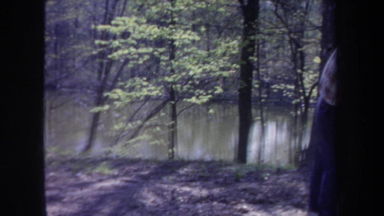 1968 Michigan 8mm frame showing a wooded riverside area, reflective water, and a partially obscured man entering the scene.