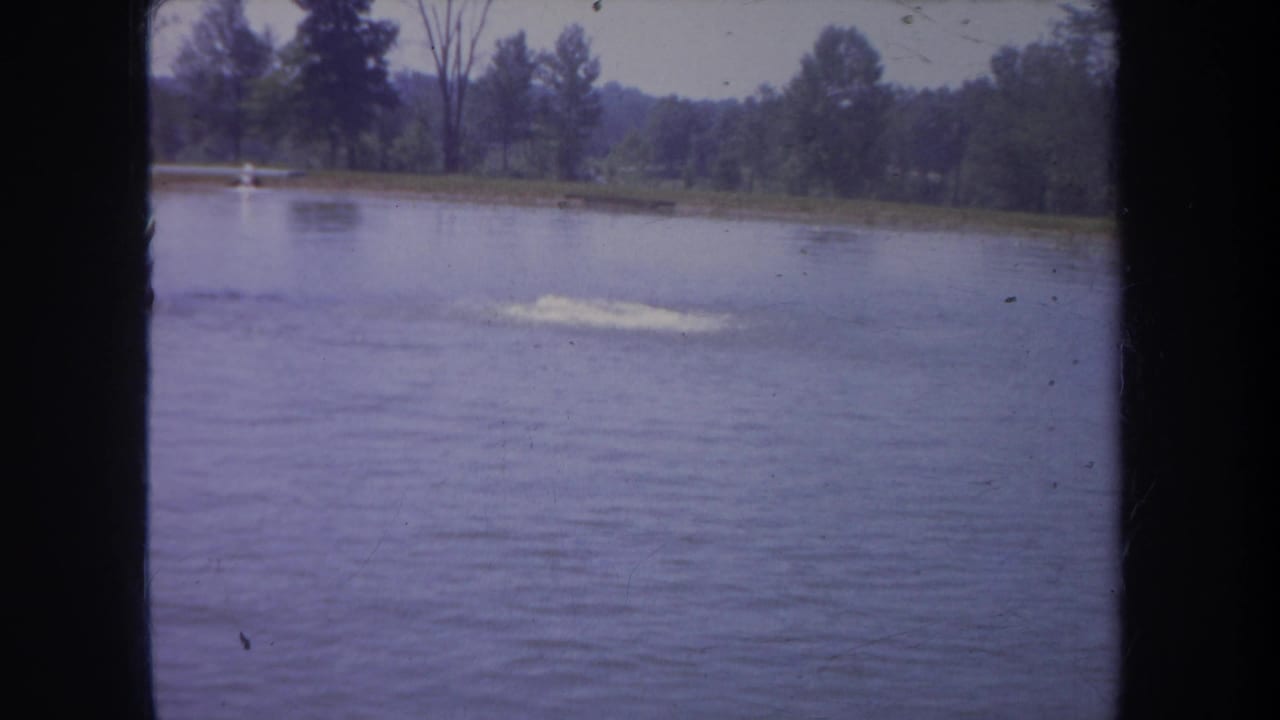 1968 Michigan 8mm frame showing a distant swimmer making splashes in calm water near a tree-lined shore.