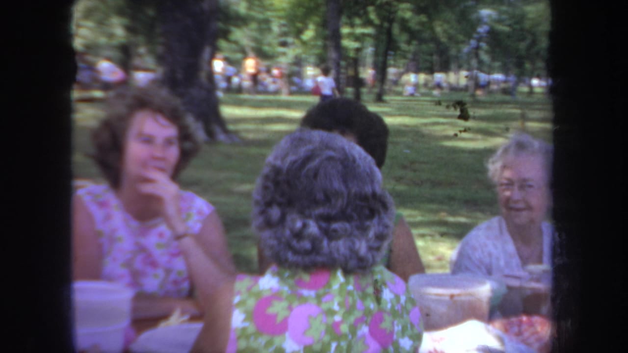 Women converse around a picnic table with cups and food containers in a wooded park.