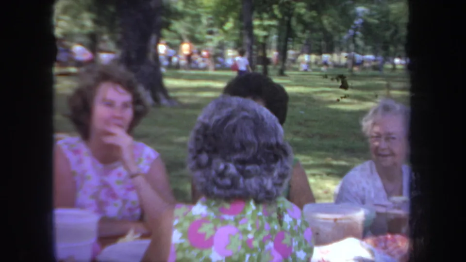 Adult women sit close together at a picnic table in a Michigan park, with containers on the table and trees in the background.