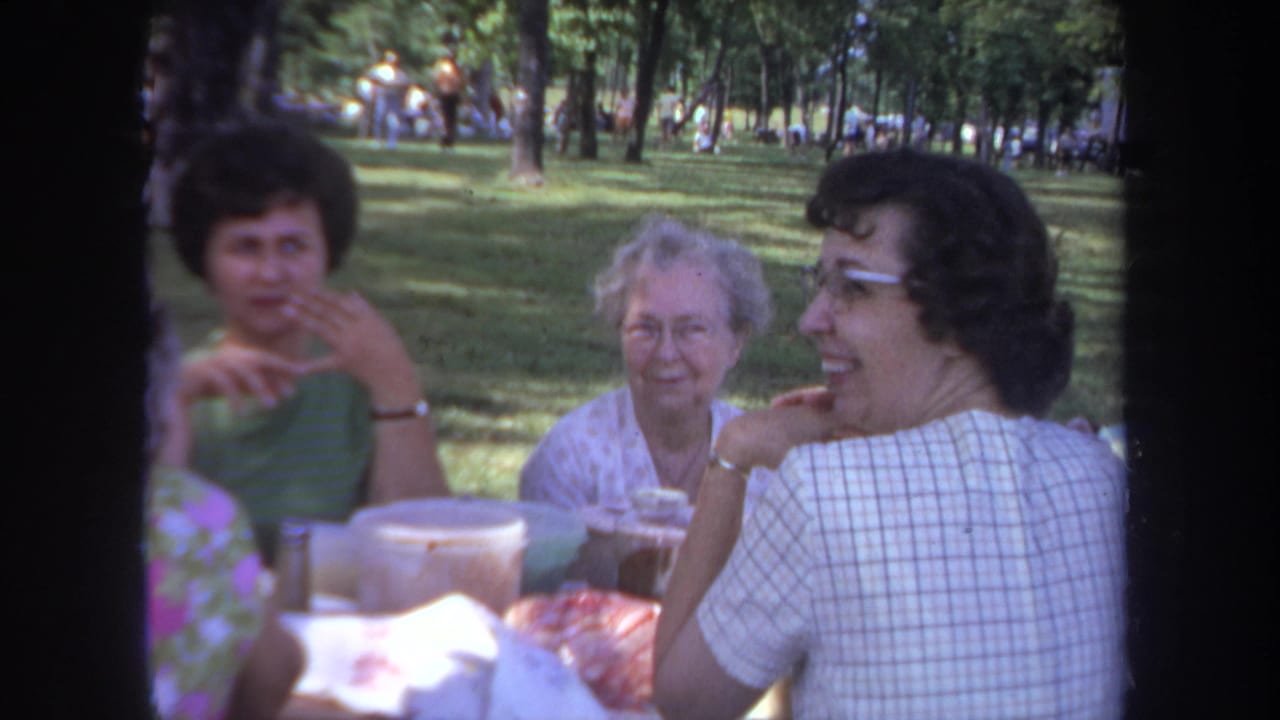 Adult women seated at a picnic table in a 1968 Michigan park, with one woman smiling toward the camera and others nearby.