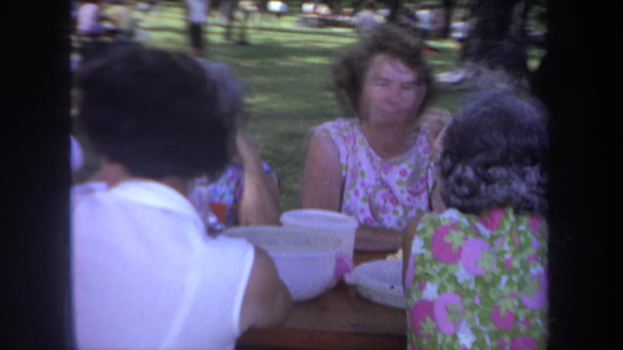 Women sit at a wooden picnic table in a grassy park, seen through dark frame borders.