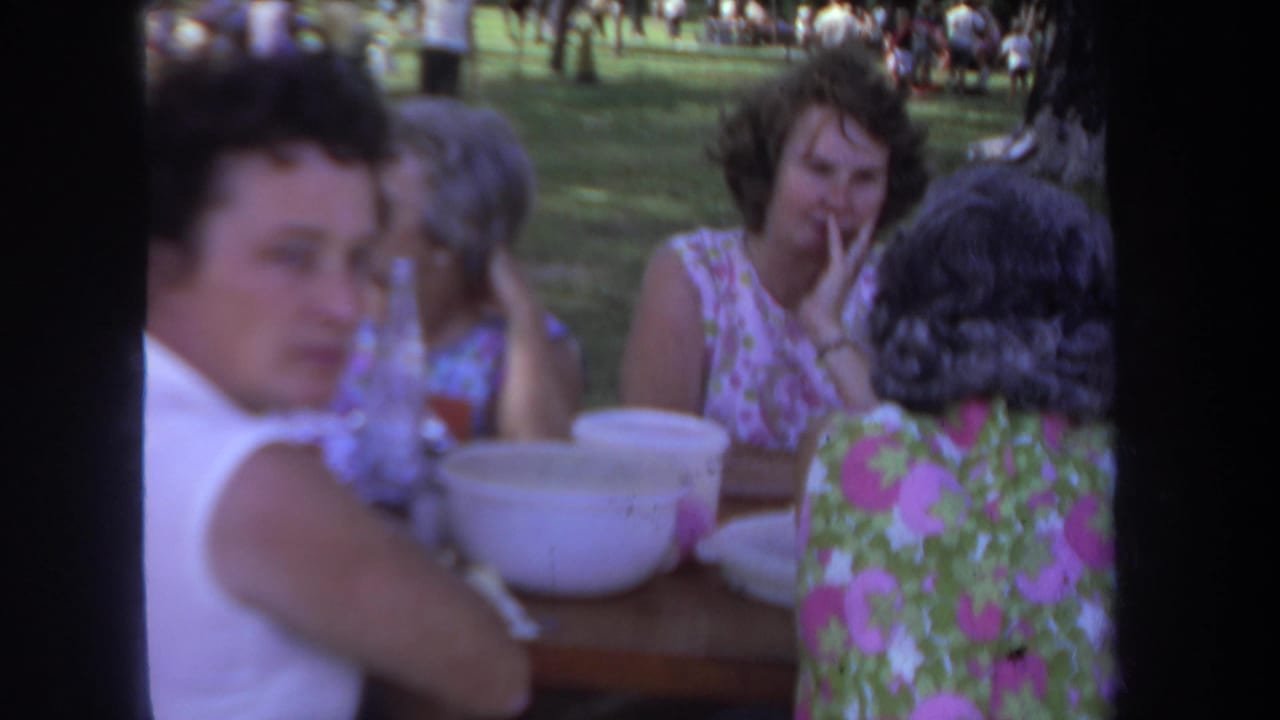 Soft-focus 8mm frame of adult women talking at a Michigan park picnic table in 1968.