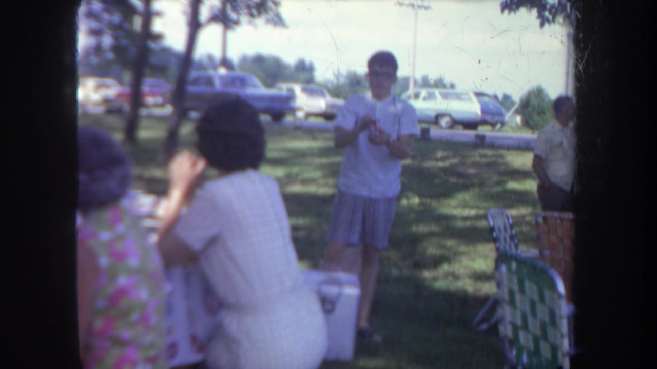 A man in a white shirt stands near seated adults and folding chairs during a Michigan park picnic, with cars visible behind trees.