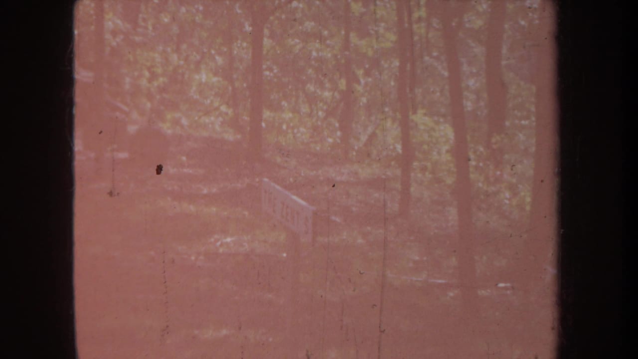 Faded 1968 Michigan 8mm frame showing a wooded trail area, trees, a railing or small bridge, and a faint sign.