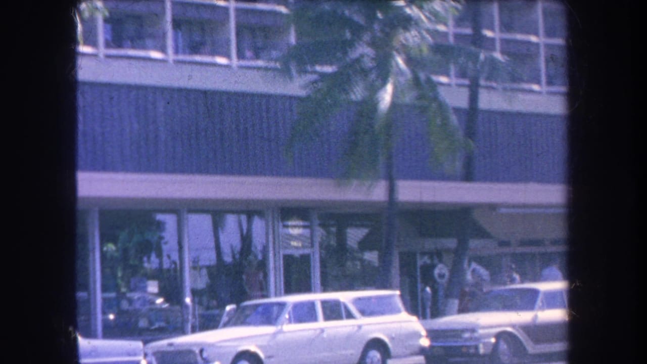 1969 Hawaii street view with a palm tree, parked cars, storefront glass, and a mid-century commercial facade.