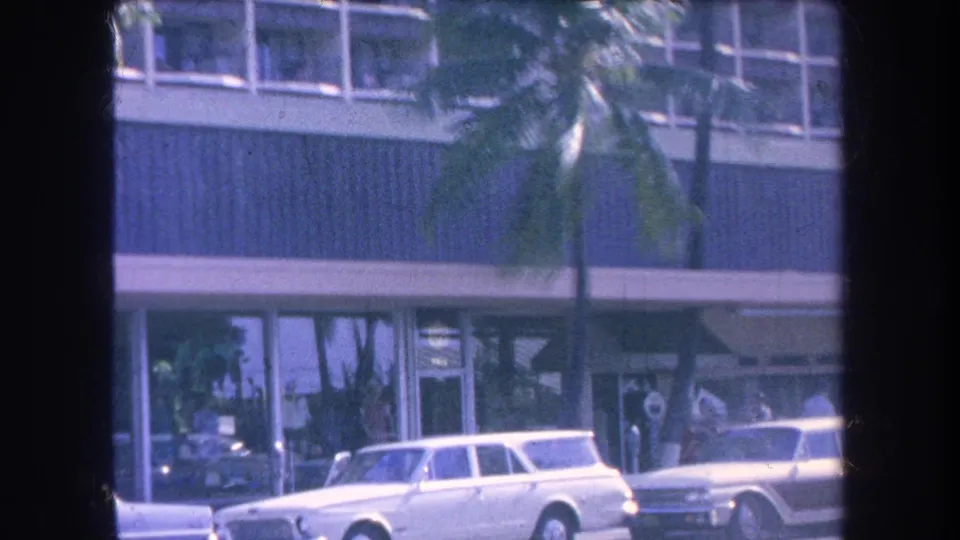 1969 Hawaii street view with a palm tree, parked cars, storefront glass, and a mid-century commercial facade.