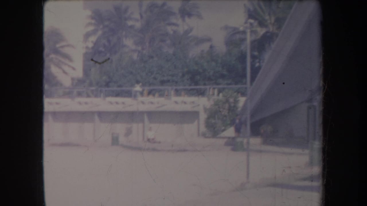 Beachfront view with palms, low building, railings, and a partial canopy at right.