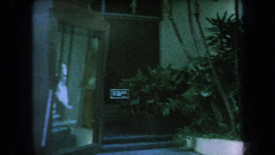 Dim 1969 Hawaii frame showing a glass door or entrance area with plants and a small sign that is not legible.