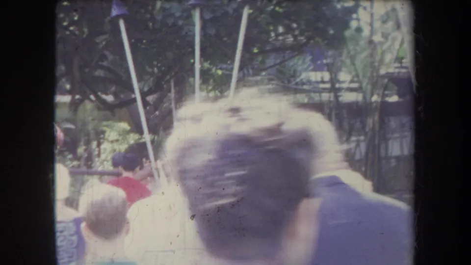 Handheld 1969 Hawaii market scene with people gathered near poles, shaded planting, and blurred foreground heads.
