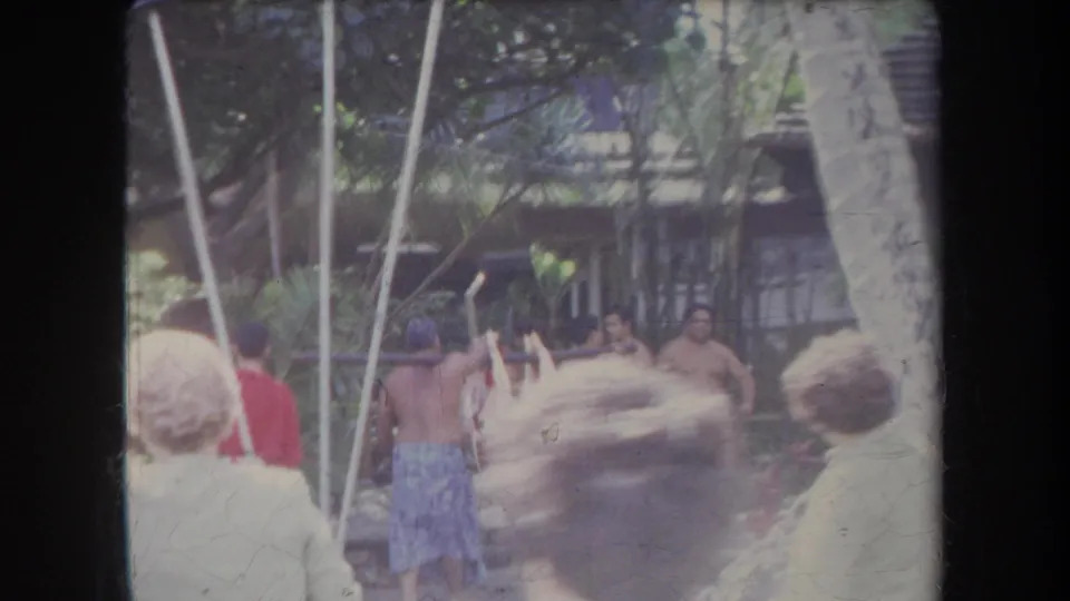 1969 Hawaii home-movie frame showing a small crowd near tall poles, palm trunks, and shaded market landscaping.