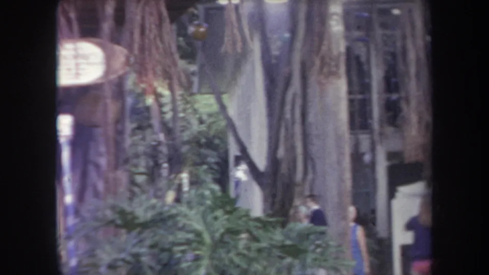 1969 Hawaii 8mm frame with dense foliage, hanging vines, rustic structures, and distant visitors in the background.