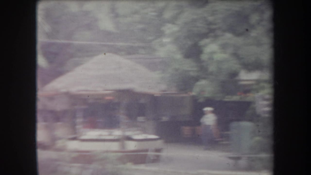 1969 Hawaii home-movie frame showing a thatched shelter, picnic tables, tropical planting, and an adult visitor standing nearby.