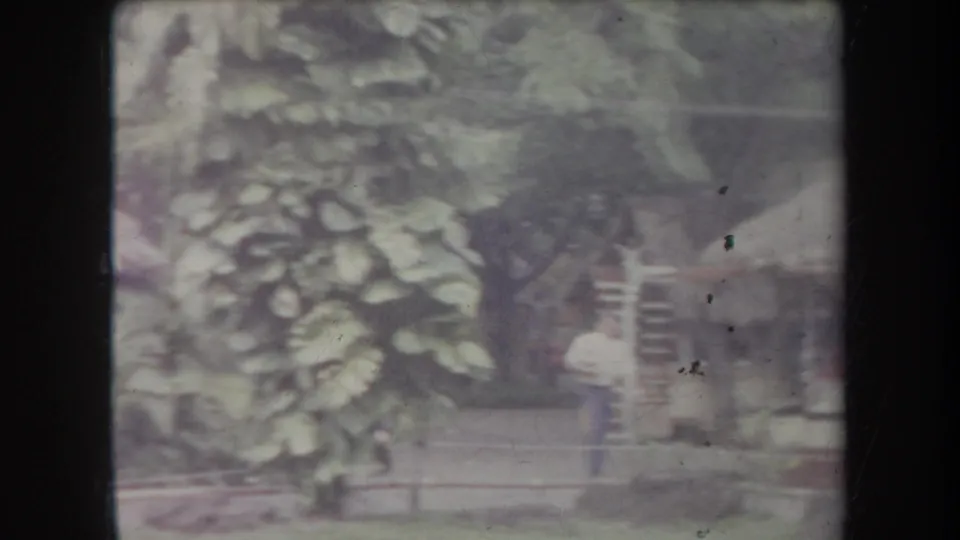 1969 Hawaii garden footage frame with broadleaf plants, benches, and adults partly visible along the path.