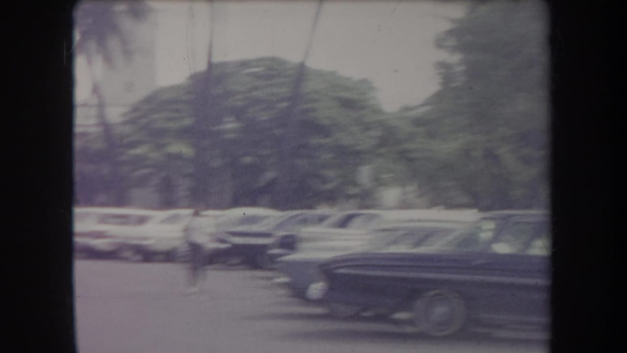 1969 Hawaii 8mm frame showing parked mid-century cars beside a tree-lined street, with palm trunks and soft motion blur.
