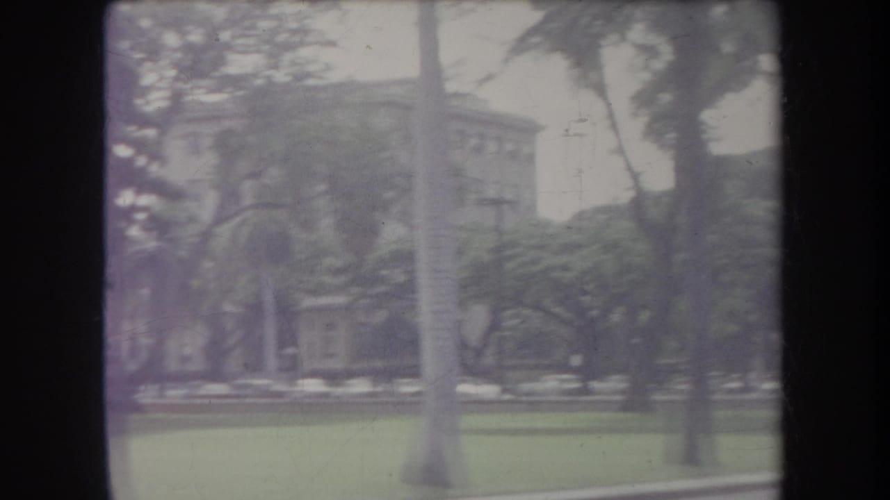 1969 Hawaii home-movie frame showing a green lawn, tree trunks, palms, and an older building partly obscured by foliage.