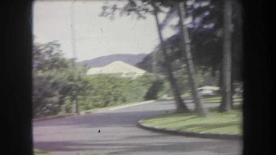 1969 Hawaii home-movie view of a curving road, mowed lawn, palm trees, distant hills, and pale rooflines beyond the park.