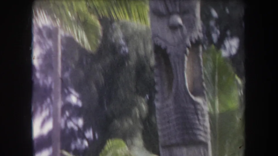 1969 Hawaii vacation footage frame showing a carved tiki statue beside palm fronds and dense tropical greenery.