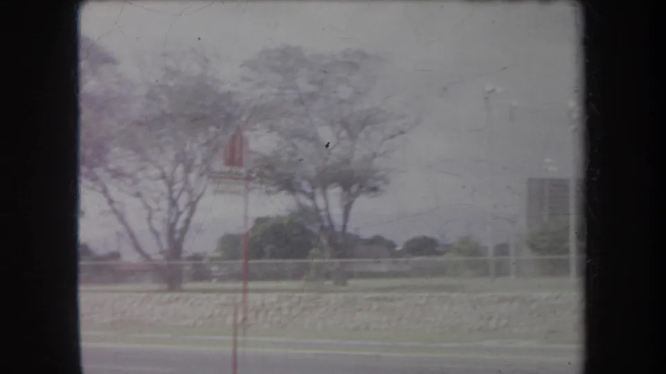 1969 Hawaii roadside park view with trees, open grass, a low stone wall, and a red signpost seen from a moving vehicle.