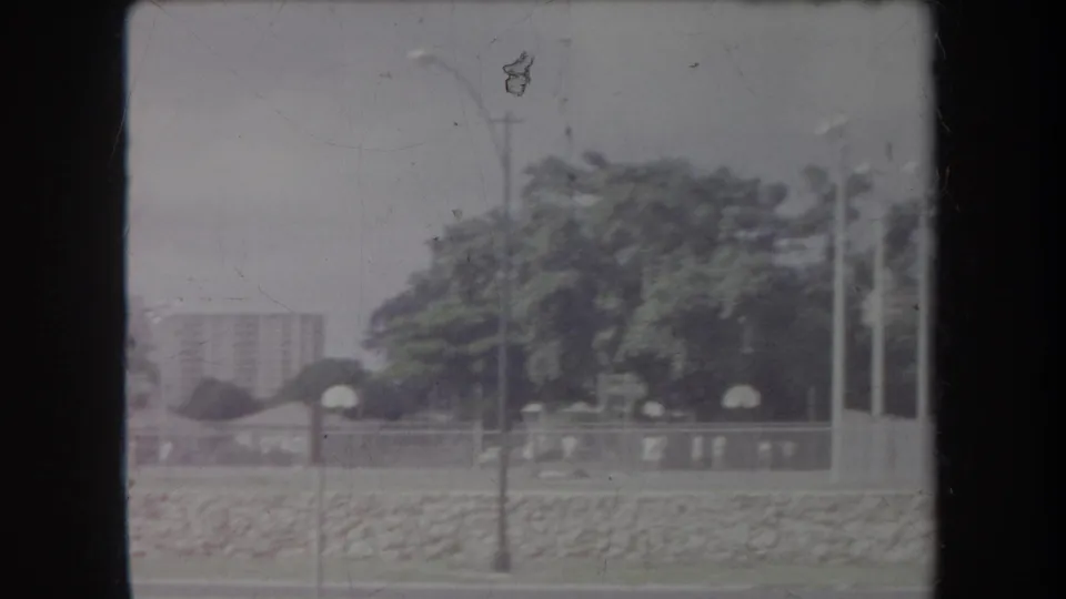 1969 Hawaii 8mm frame of a roadside park area with dense trees, light poles, a low stone wall, and distant high-rise buildings.