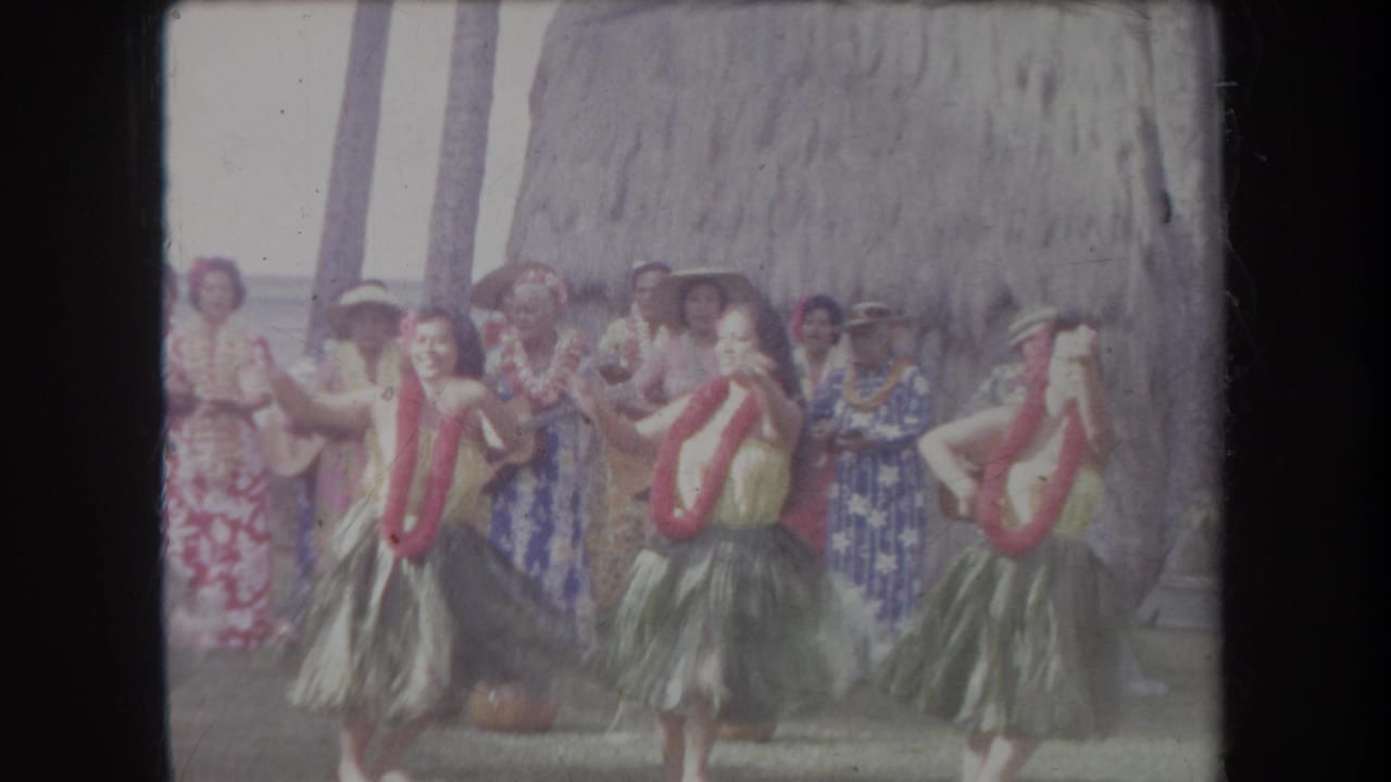Three dancers stand before musicians, with a gourd on the ground near center.