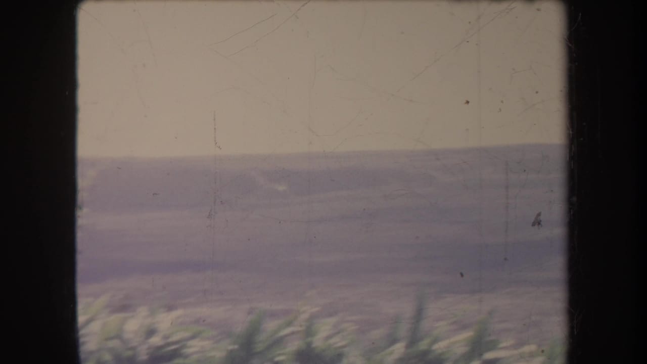Open ocean and distant horizon seen through faded 8mm frame edges.