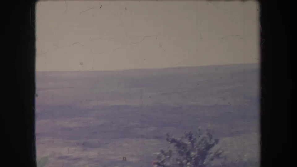 1969 Hawaii home-movie coastal view with open water, a low horizon, foreground shrub, and aged 8mm film texture.