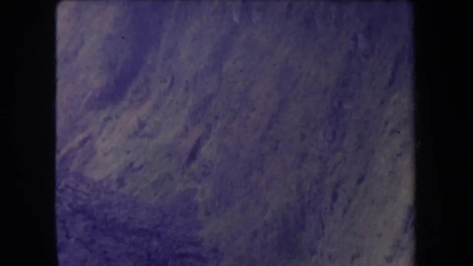 1969 Hawaii 8mm frame showing a rocky ravine slope with dirt textures, brush, and a purple aged-film cast.
