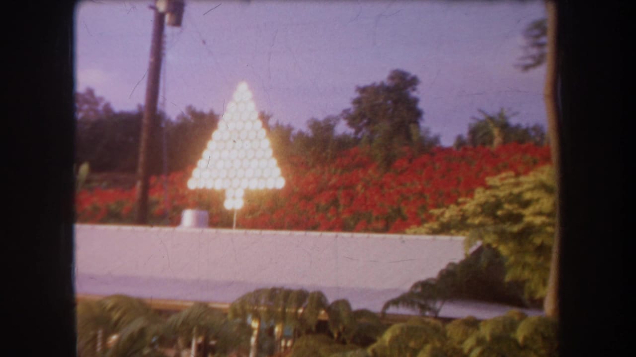 Glowing triangular bulb tree above a low wall with red shrubs, palms, and tropical greenery.