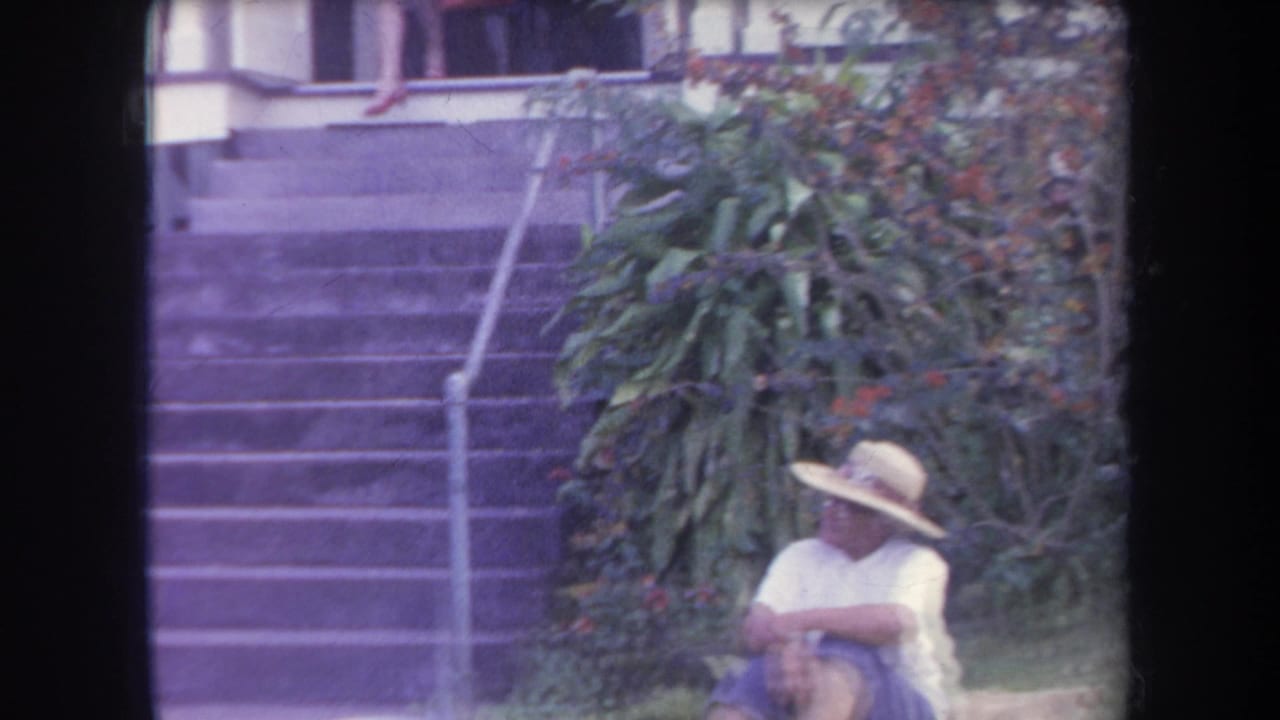 Person in a straw hat sits on grass beside steps and tropical foliage.