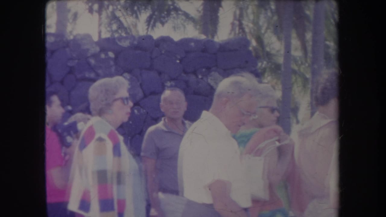 Adult tourists in summer clothing stand before a dark stone wall in Hawaii, from 1969 home-movie footage.