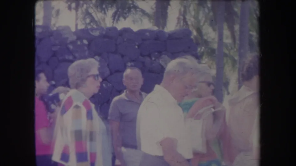 Adult tourists in summer clothing stand before a dark stone wall in Hawaii, from 1969 home-movie footage.