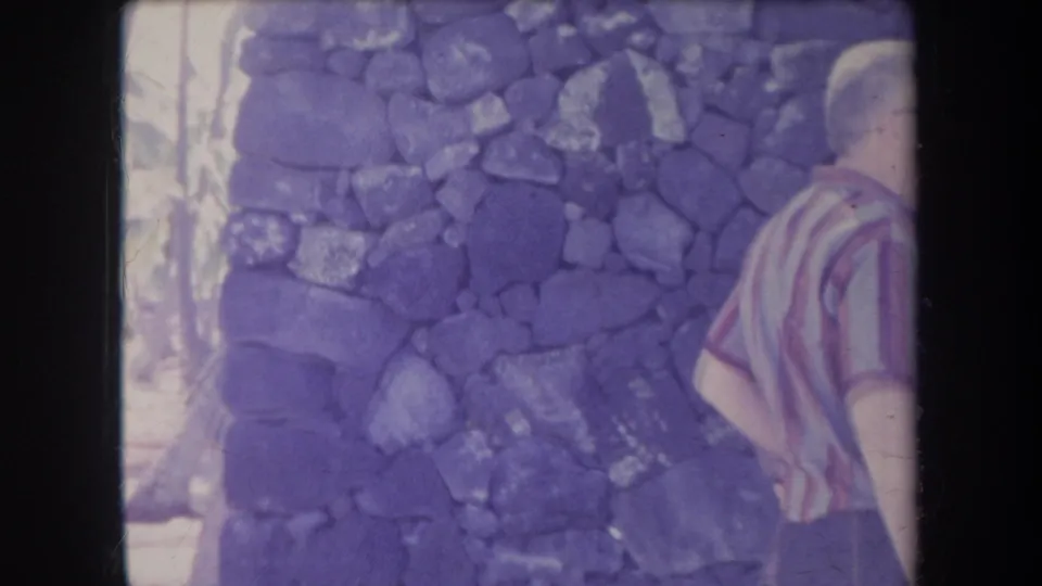 The pan ends with a striped-shirted tourist at the edge of frame beside a dark stone wall in Hawaii footage.