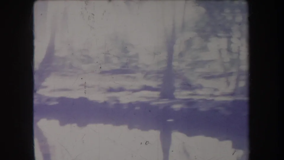 1969 Hawaii home-movie frame showing a shaded river or swamp edge with trees and washed-out reflections.