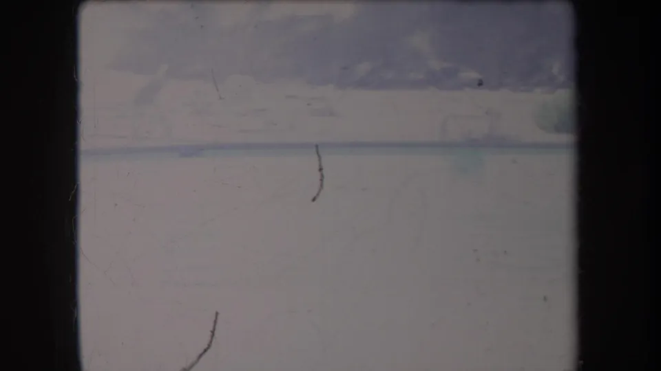 Hazy 1969 Hawaii home-movie frame with pale water, a soft shoreline band, and indistinct foliage beyond it.