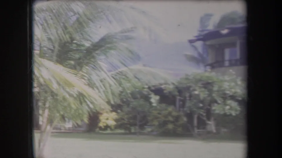 1969 Hawaii home-movie frame showing palm fronds, lawn, shrubs, and a low-rise residential building in bright daylight.