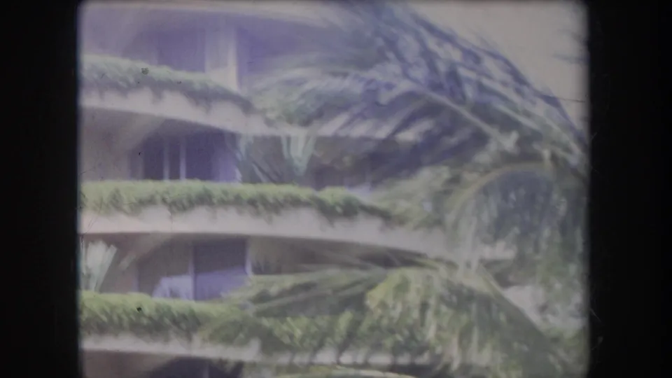 1969 Hawaii 8mm frame showing a curved-balcony building partly obscured by wind-blown palm fronds and soft film blur.